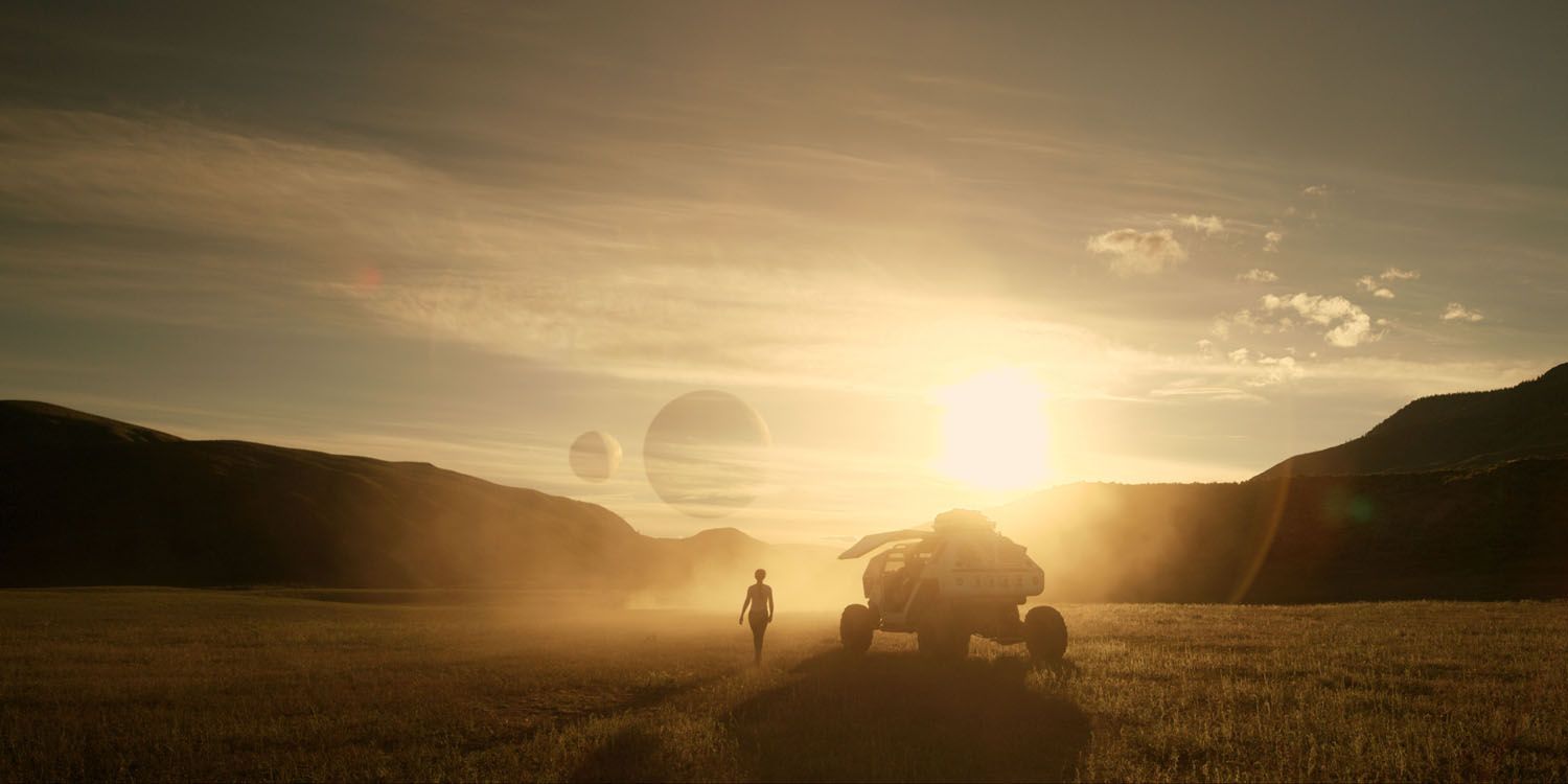 person walking through a sunny field in an alien planet, next to a land vehicle