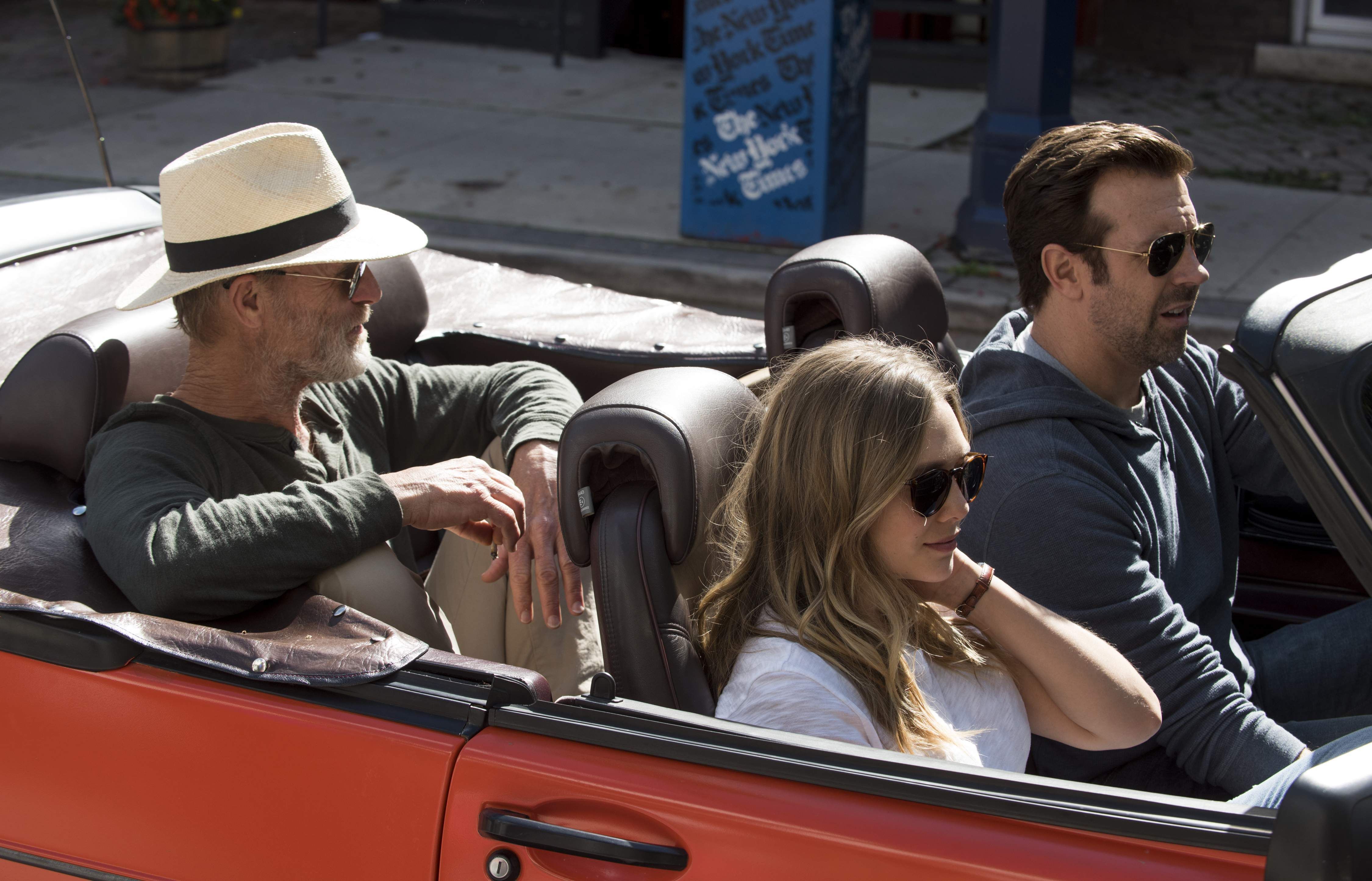 Ed Harris, Jason Sudeikis, and Elizabeth Olson in car in Kodachrome