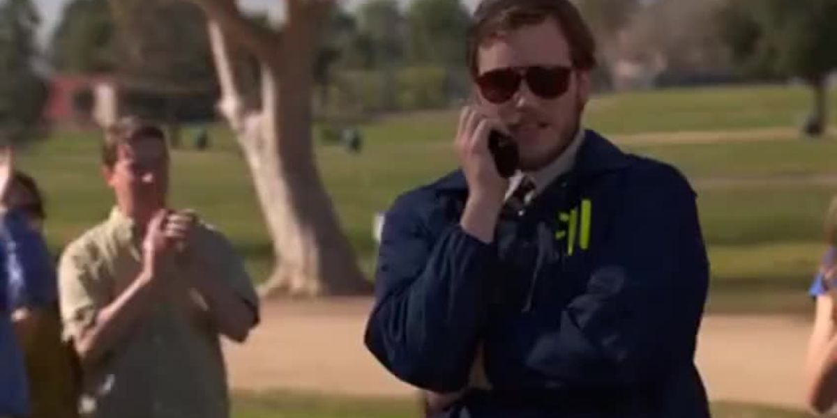 Chris Pratt as Andy Dwyer wearing an FBI jacket in Parks and Recreation