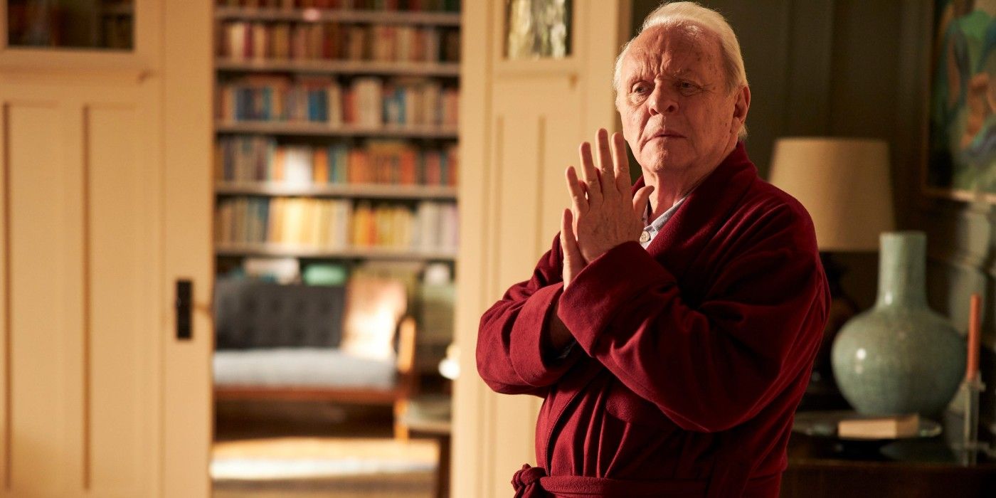 Anthony Hopkins wearing a red shirt in The Father