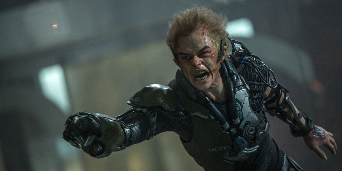 The Green Goblin with his mask off screaming in rage in The Amazing Spider-Man 2