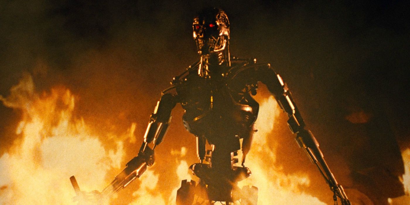 The Terminator cyborg walks through fire in &lsquo;The Terminator&rsquo; (1984).