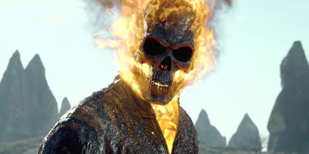 The Ghost Rider looking directly at the camera in the film 'Ghost Rider: Spirit of Vengeance.'