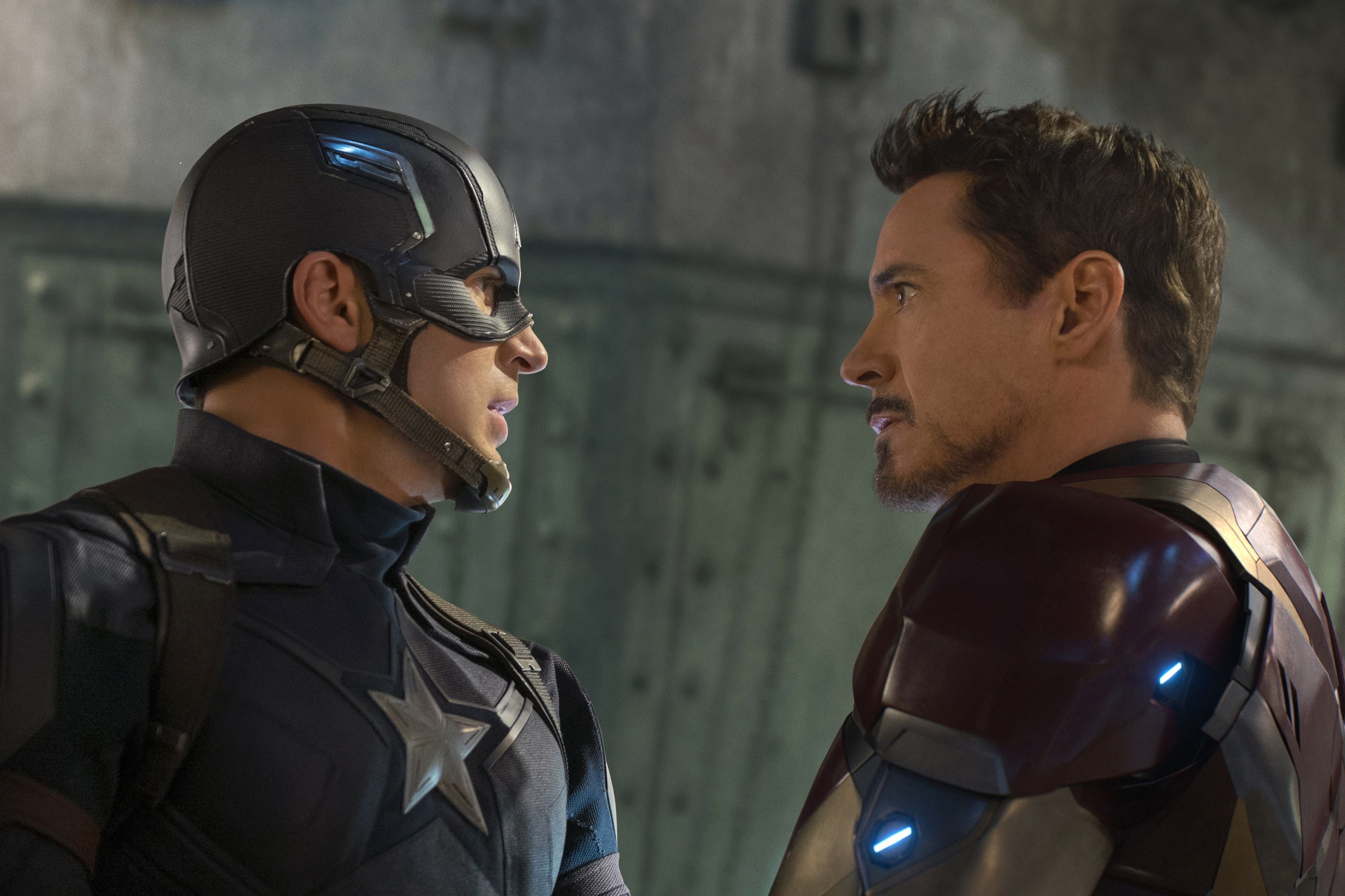 Chris Evans and Robert Downey Jr. in Captain America: Civil War