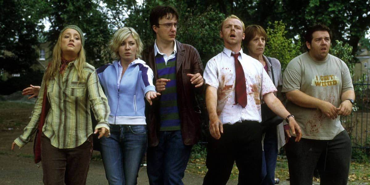 The cast of Shaun of the Dead pretending to be zombies