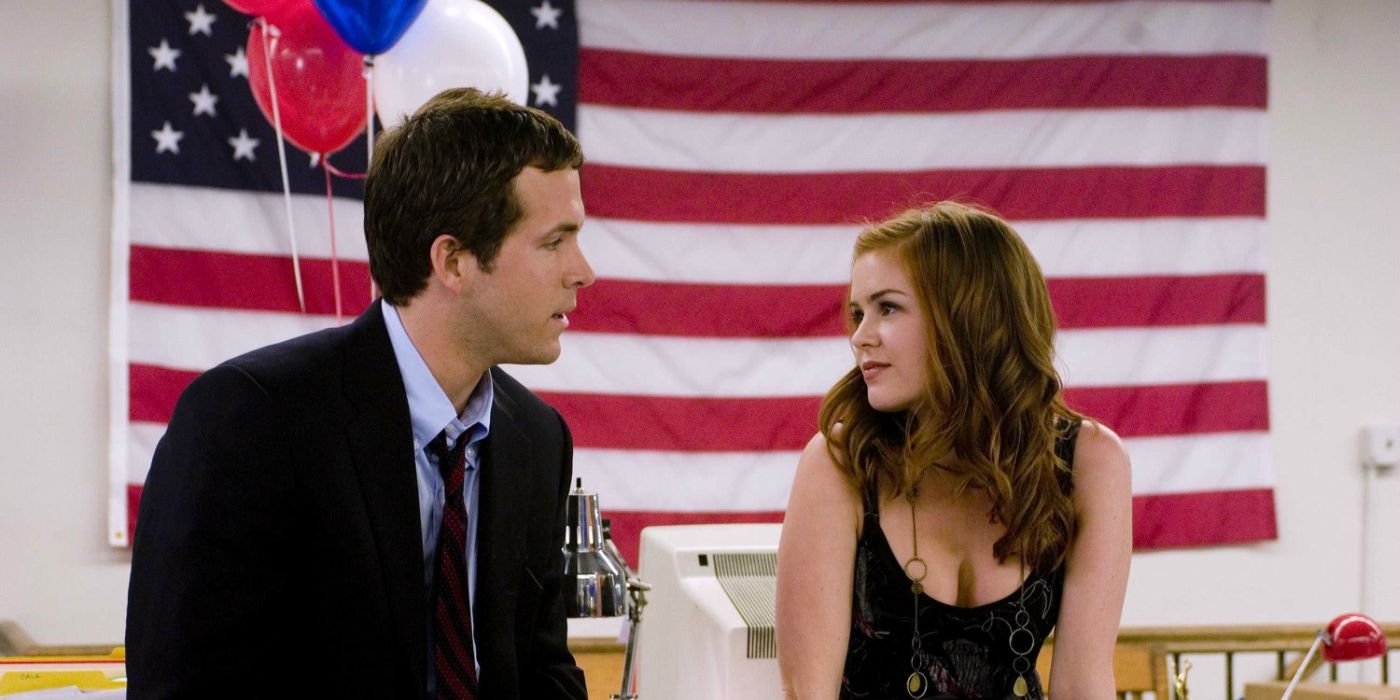 Ryan Reynolds as Will & Isla Fisher as April sitting together in a campaign office in Definitely, Maybe