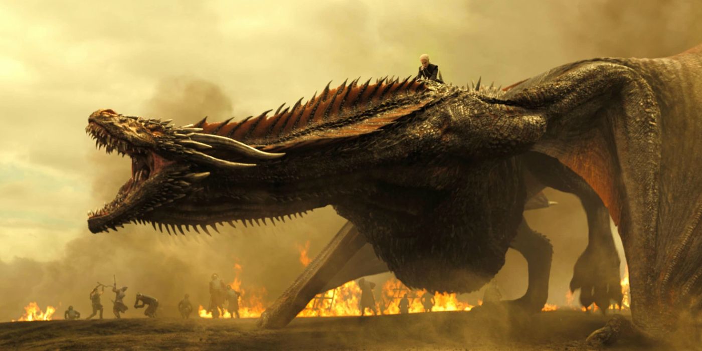 Daenerys Targaryen riding Drogon into battle in Game of Thrones