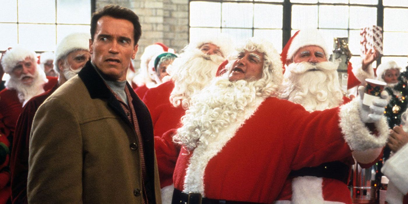 Arnold Schwarzenegger and Jim Belushi in a Santa suit in Jingle All the Way