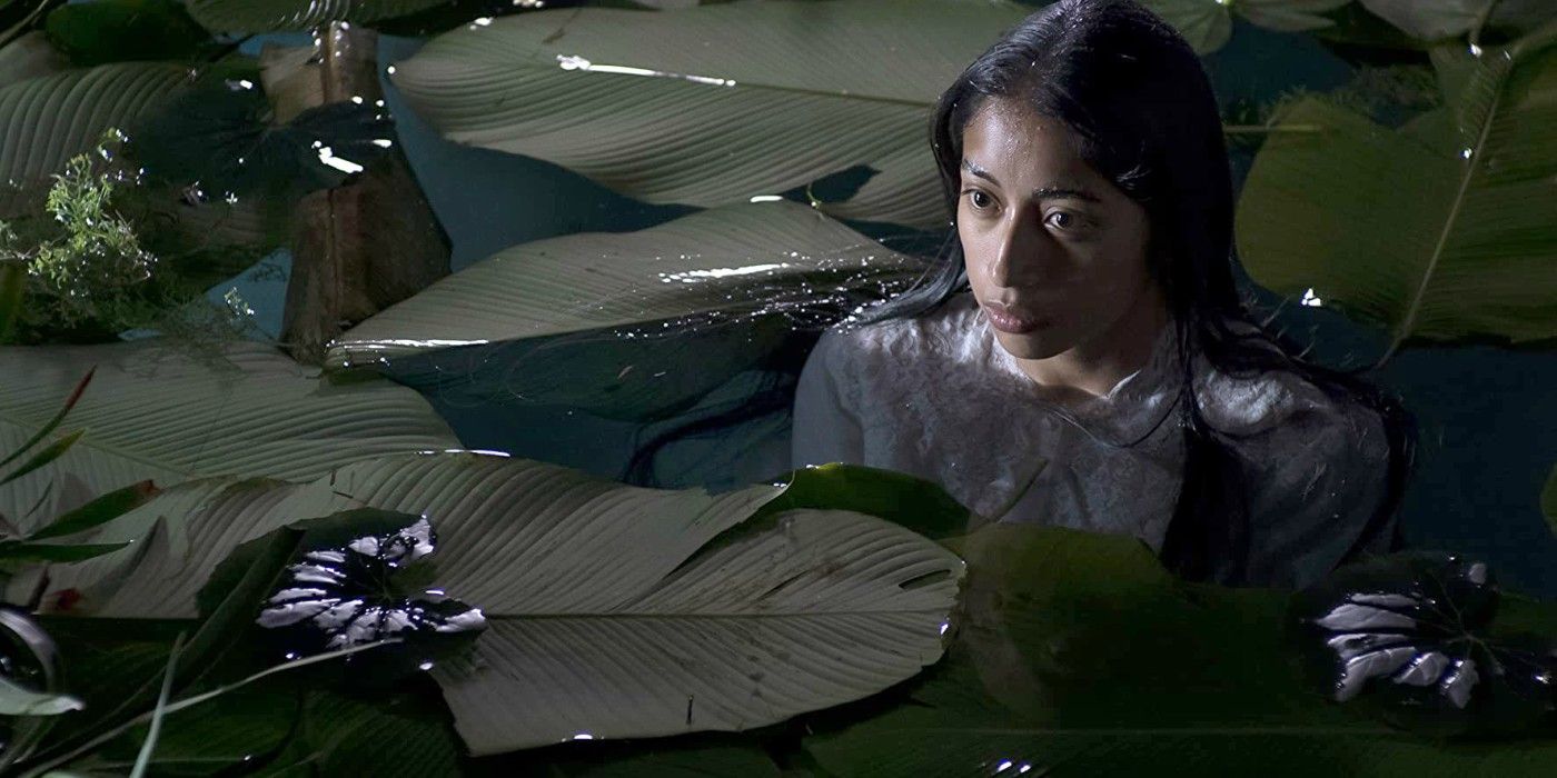 A woman in a leaf-covered lake
