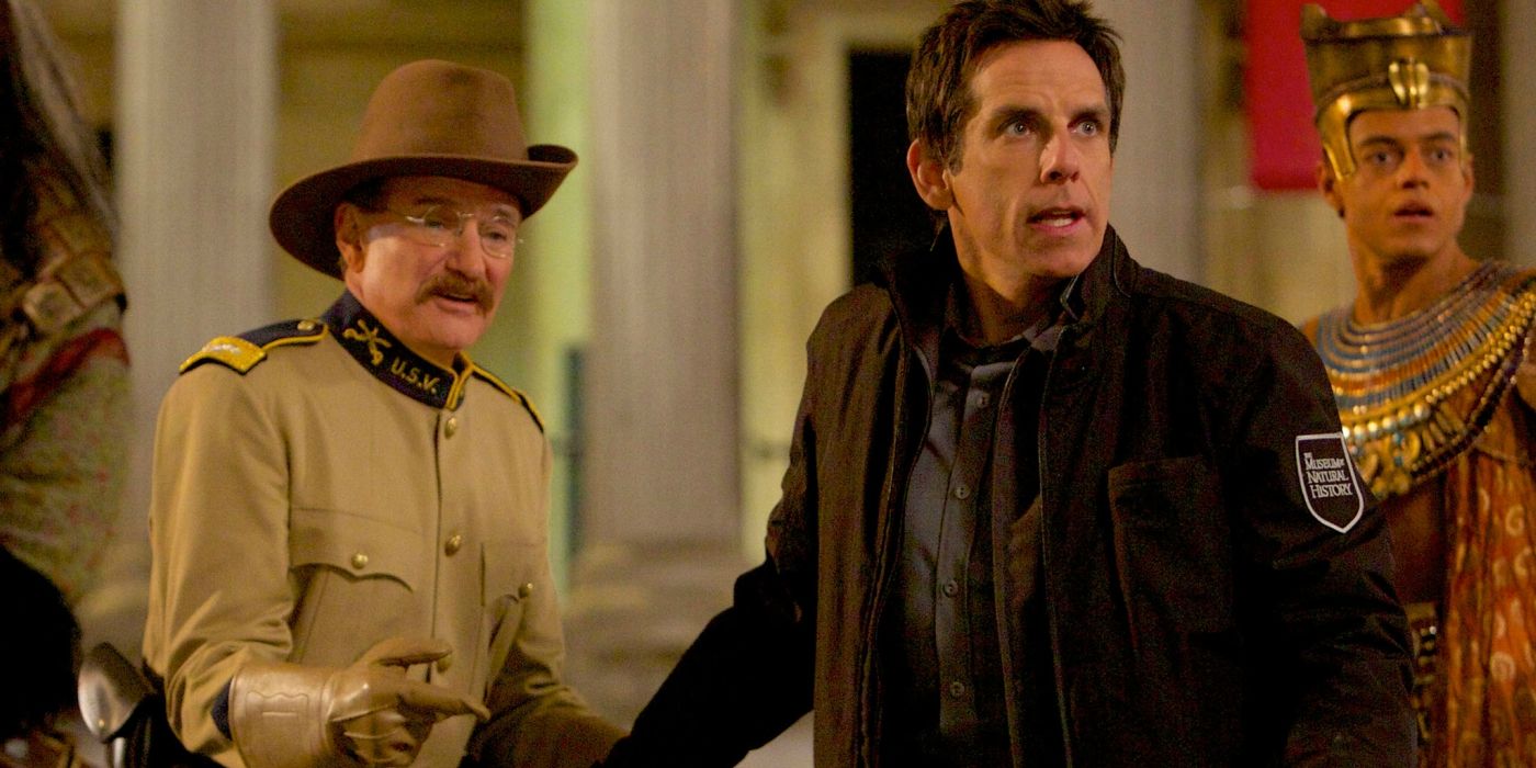 Robin Williams as Teddy Roosevelt, Ben Stiller as Larry Daly, and Rami Malek as Ahkmenrah in Night at the Museum. 