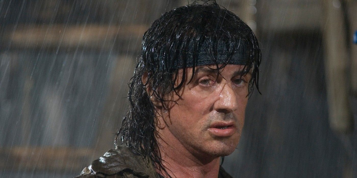 Sylvester Stallone in the rain in Rambo