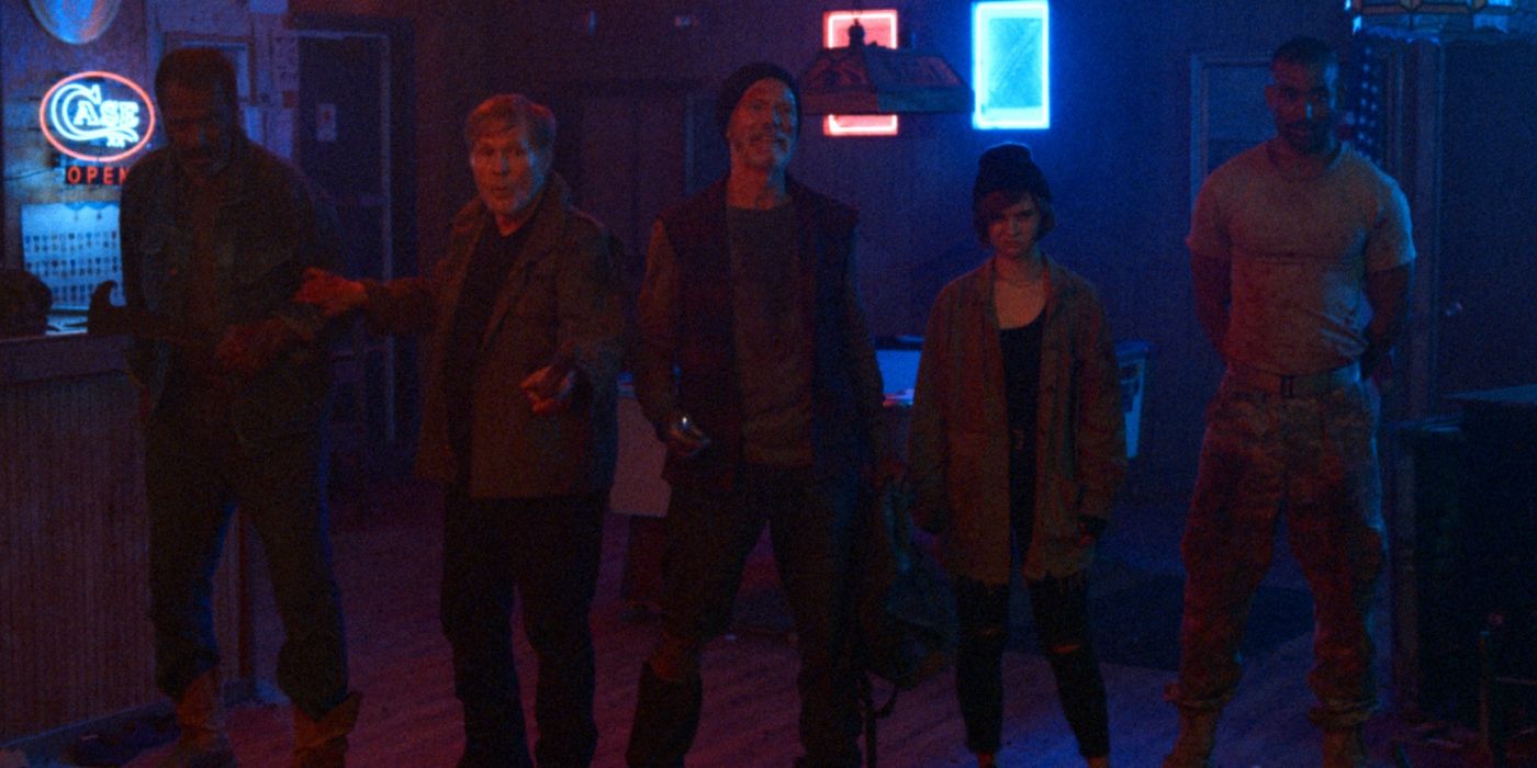 A group of characters standing together in a bar