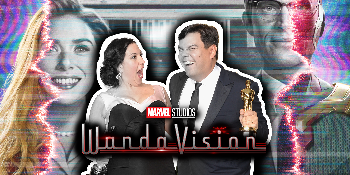 Blended image of Robert Lopez and Kristen Anderson Lopez and a poster for WandaVision.