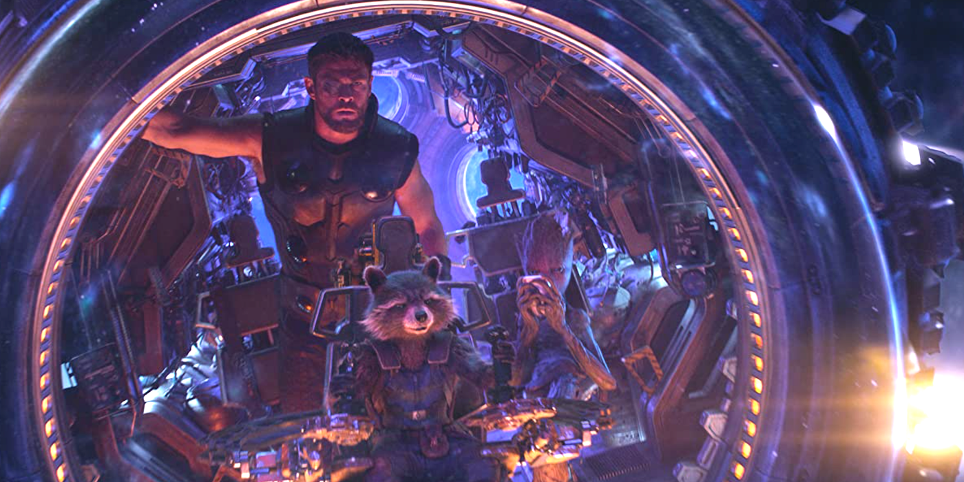 Thor, Rocket Raccoon, and Groot flying a ship in Avengers: Infinity War