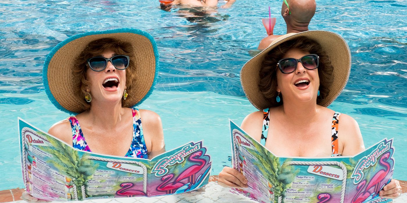 Kristen Wiig and Annie Mumolo lounge in the pool, portraying titular characters Barb and Star in the film Barb and Star Go To Vista Del Mar