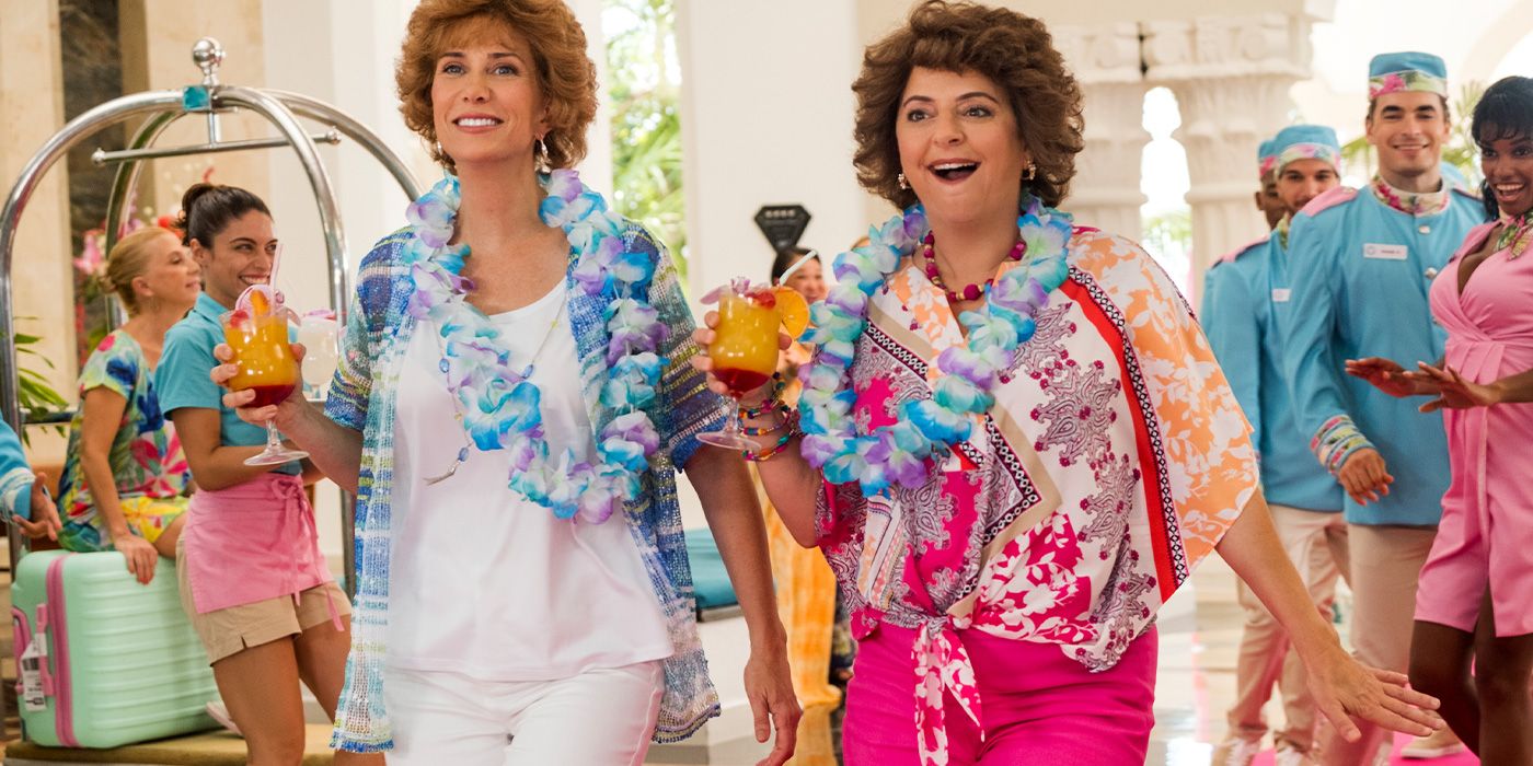 Kristen Wiig and Annie Mumolo as Barb and Star arriving at a hotel in Barb & Star Go to Vista Del Mar