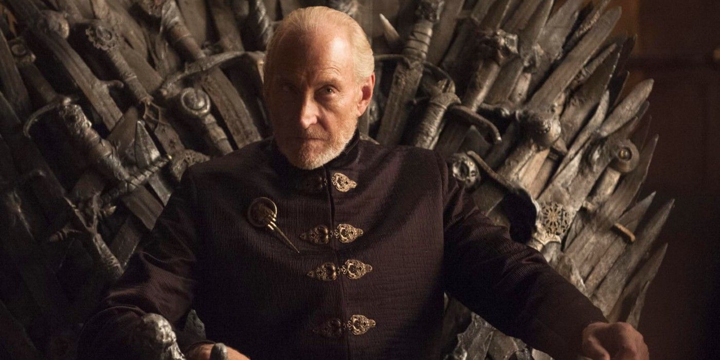Charles Dance as Tywin Lannister sitting on the Iron Throne in Game of Thrones