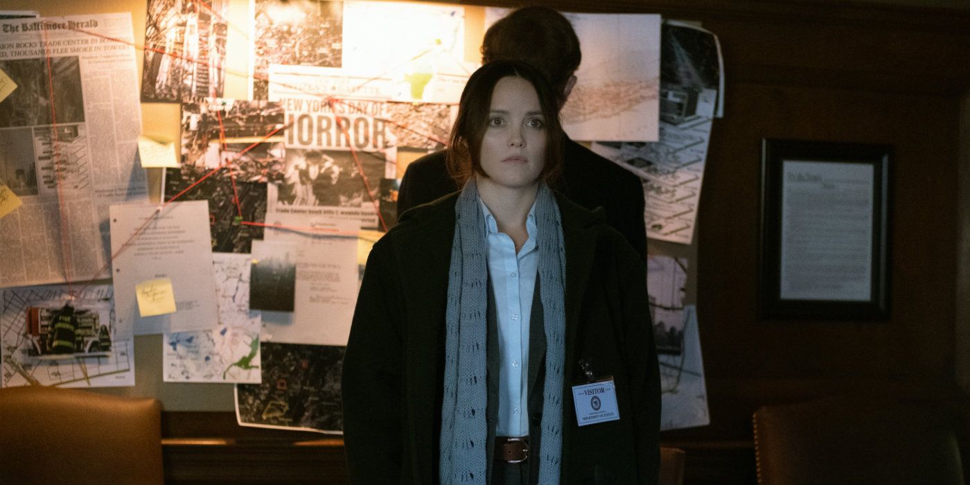 Clarice Starling standing in front of an evidence board in the show Clarice.