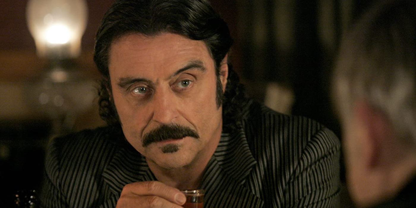 Ian McShane as Al Swearengen talking to someone in Deadwood.