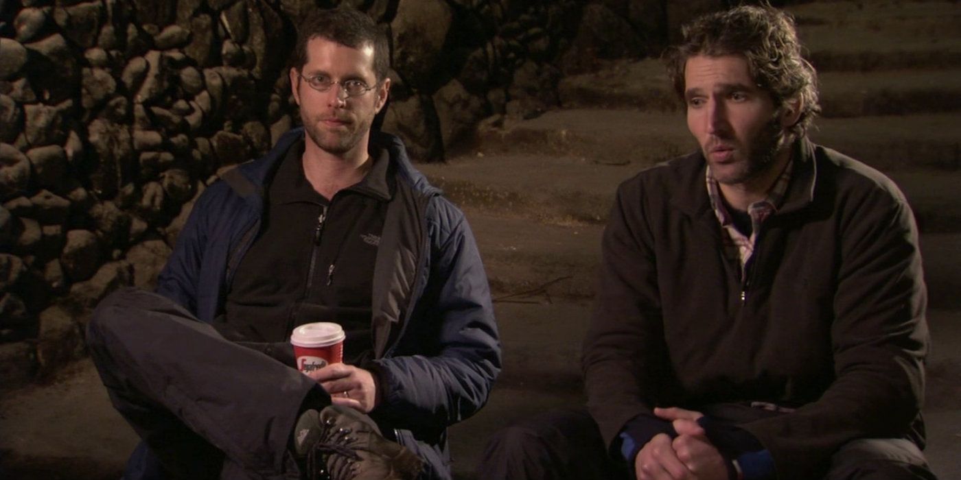 David Bennioff and DB Weiss sit during an interview
