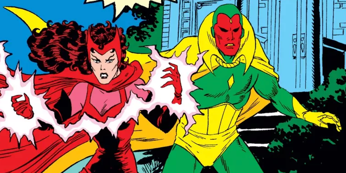 The Scarlet Witch and Vision launching into battle in Marvel Comics.