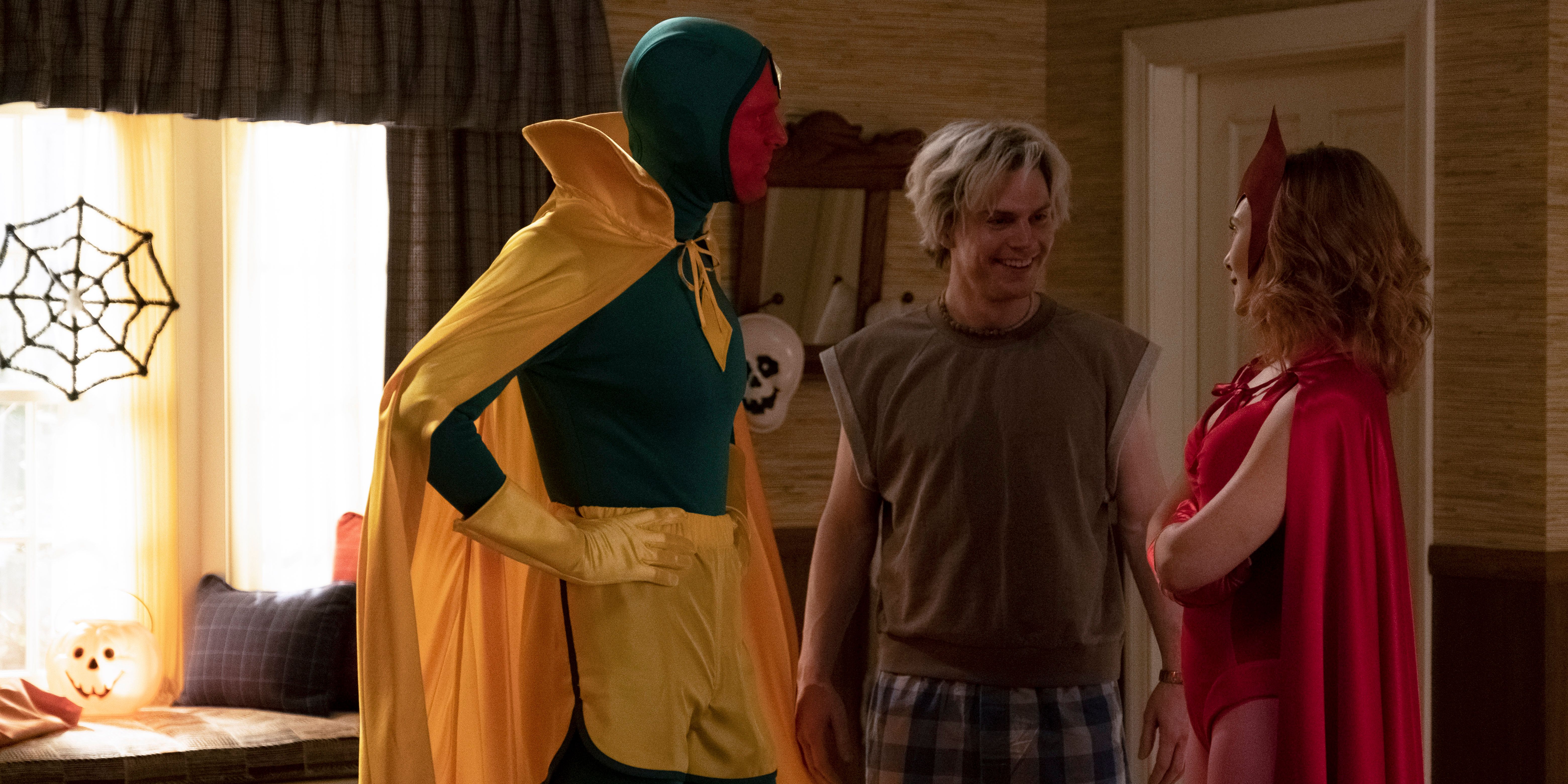 Paul Bettany, Evan Peters, and Elizabeth Olsen in WandaVision