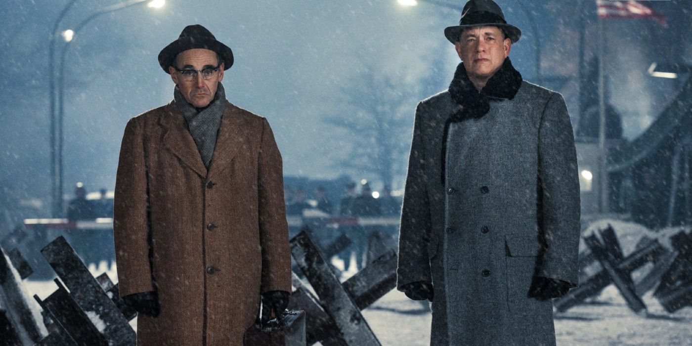 Rudolf Abel and James Donovan standing on a bridge in 'Bridge of Spies'