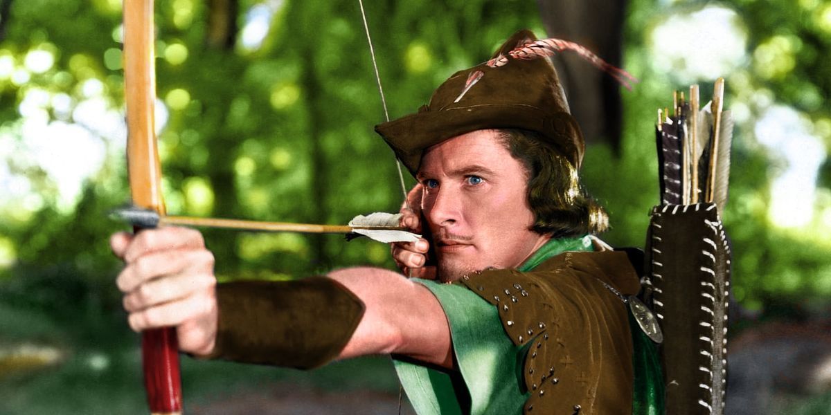 Robin Hood aiming his bow and arrow in The Adventures Of Robin Hood.