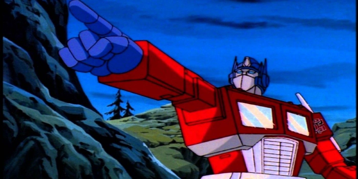 Optimus Prime points to something off camera in 'The Transformers' animated series