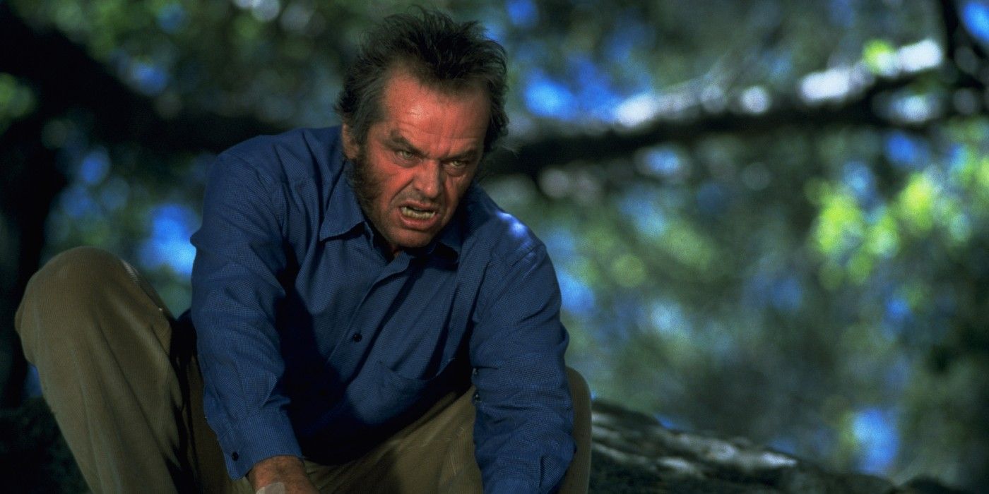 Will Randall, portrayed by Jack Nicholson, crouches and leaps after transforming into a wolf.