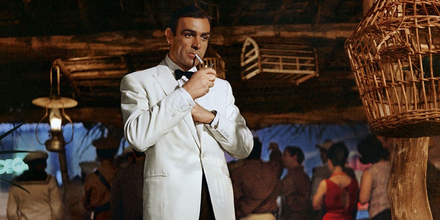 Sean Connery as James Bond lighting a cigarrette in Golfinger