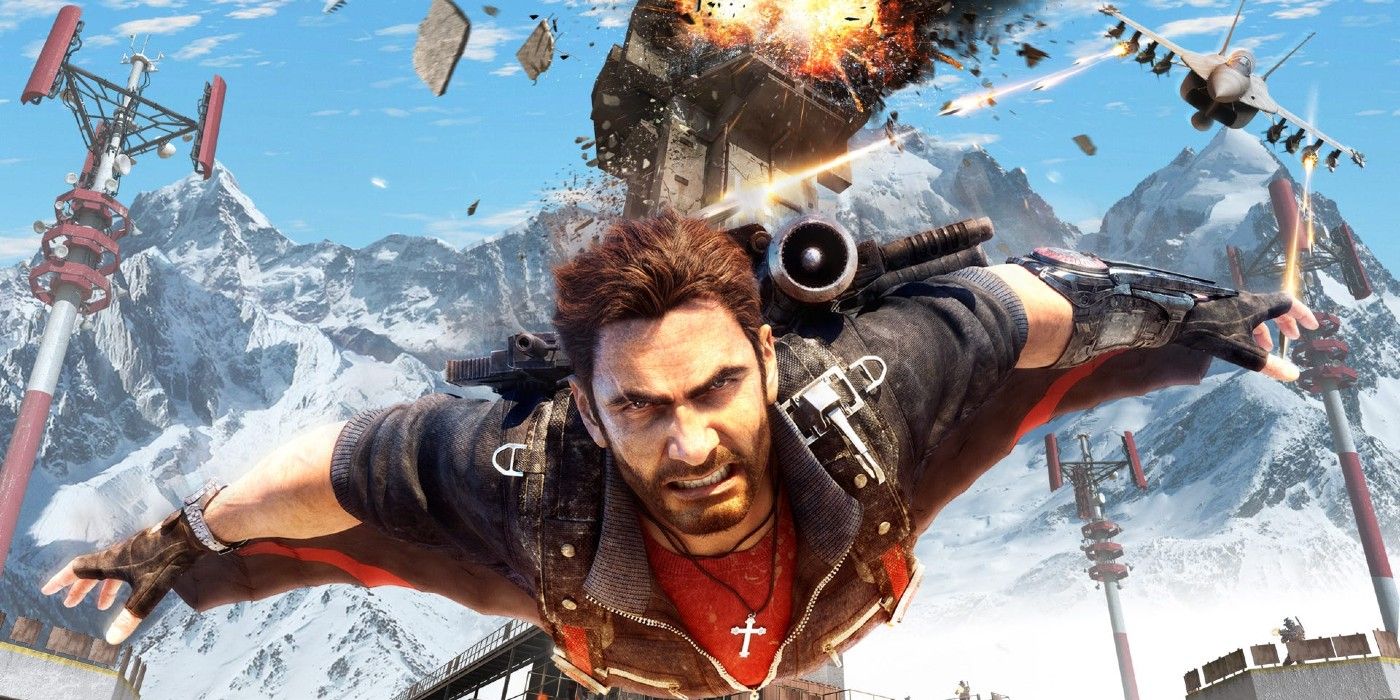 a character in Just Cause video game skydiving with explosions behind him