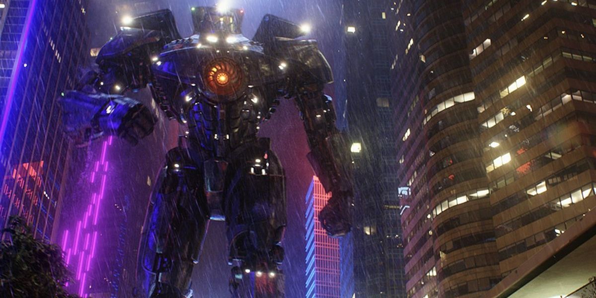 A robot walks the streets in Pacific Rim