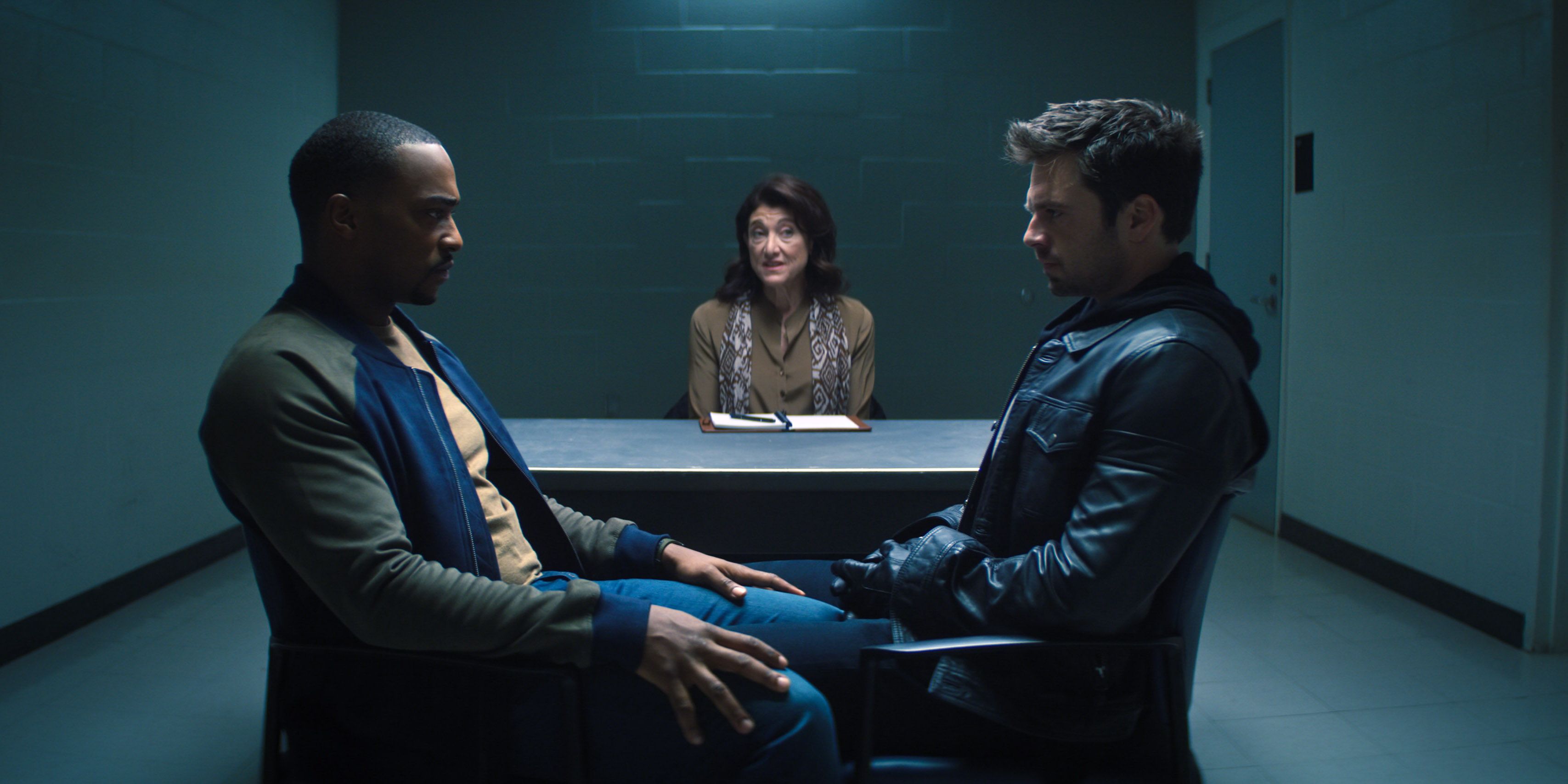 Anthony Mackie, Amy Aquino, and Sebastian Stan in The Falcon and the Winter Soldier