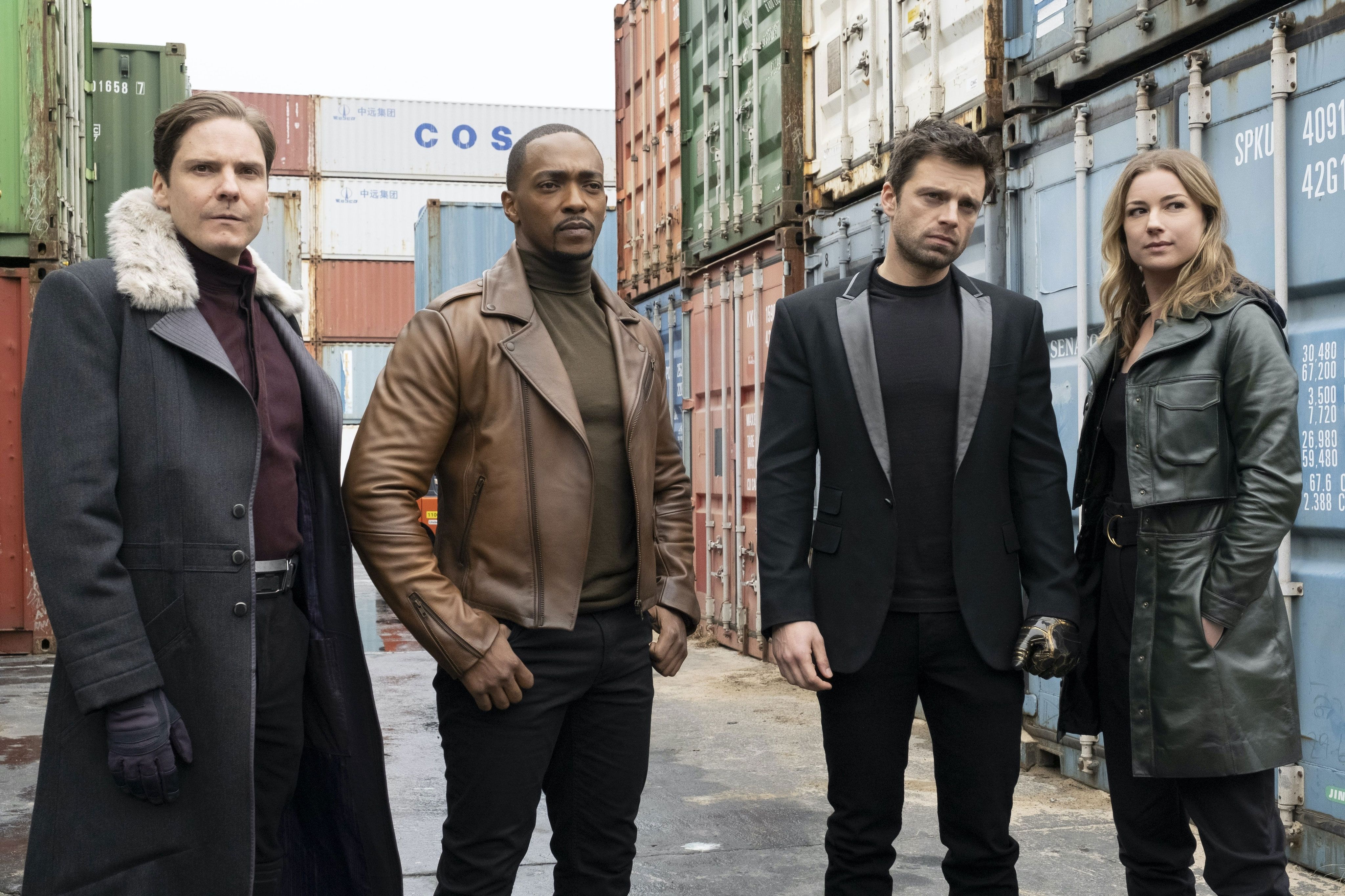 Daniel Bruhl, Sebastian Stan, Anthony Mackie and Emily VanCamp in Falcon and Winter Solider