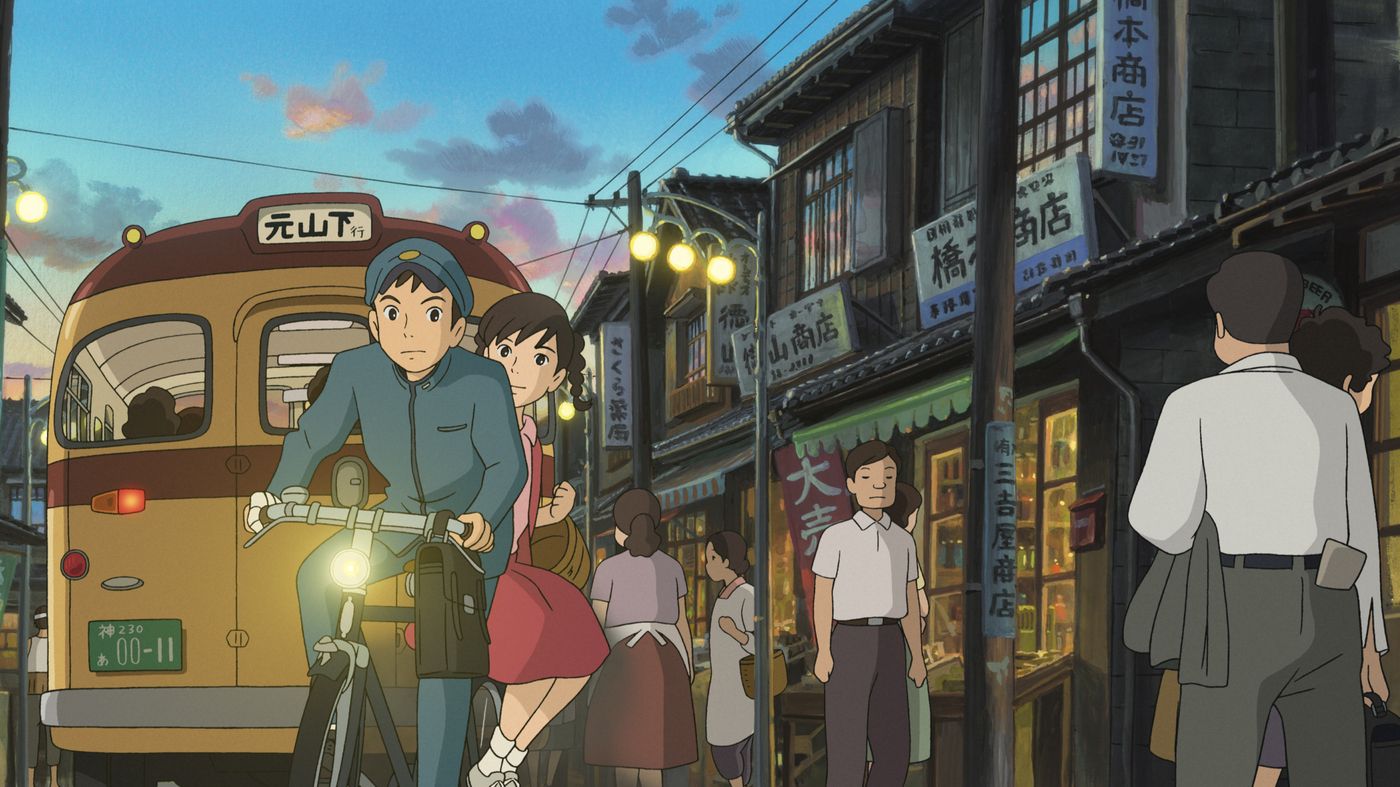 Umi and Shun on a bike on a busy street in 'From Up on Poppy Hill'