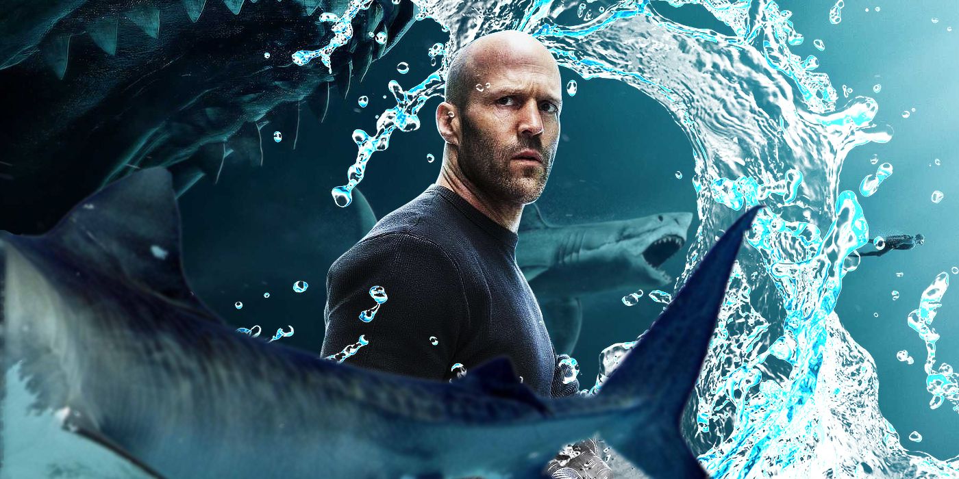 Jason Statham from the Meg 2 with sharks swimming around him