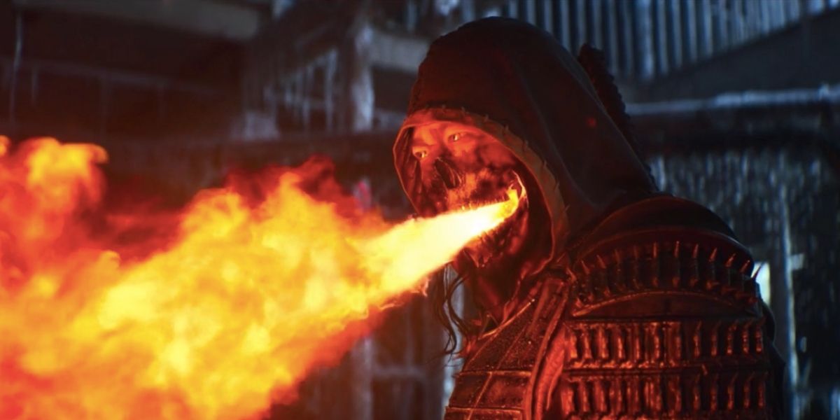 Hiroyuki Sanada as Scorpion performing a fatality in Mortal Kombat 2021