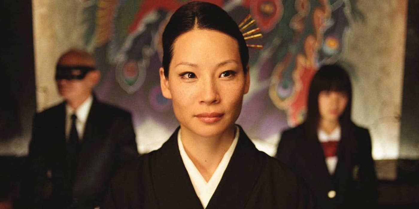 O-Ren Ishii with two bodyguards behind her in Kill Bill Vol. 1