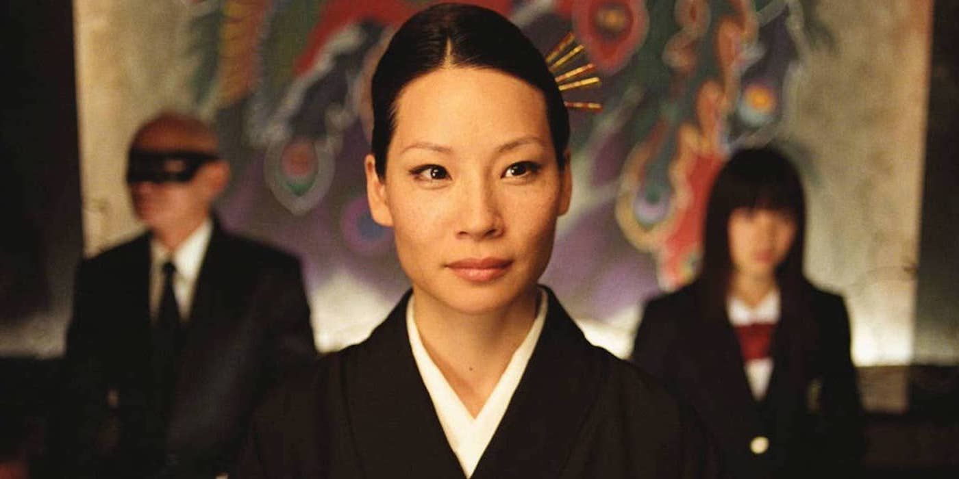 O-Ren Ishii avec deux gardes du corps derrière elle dans Kill Bill Vol. 1.