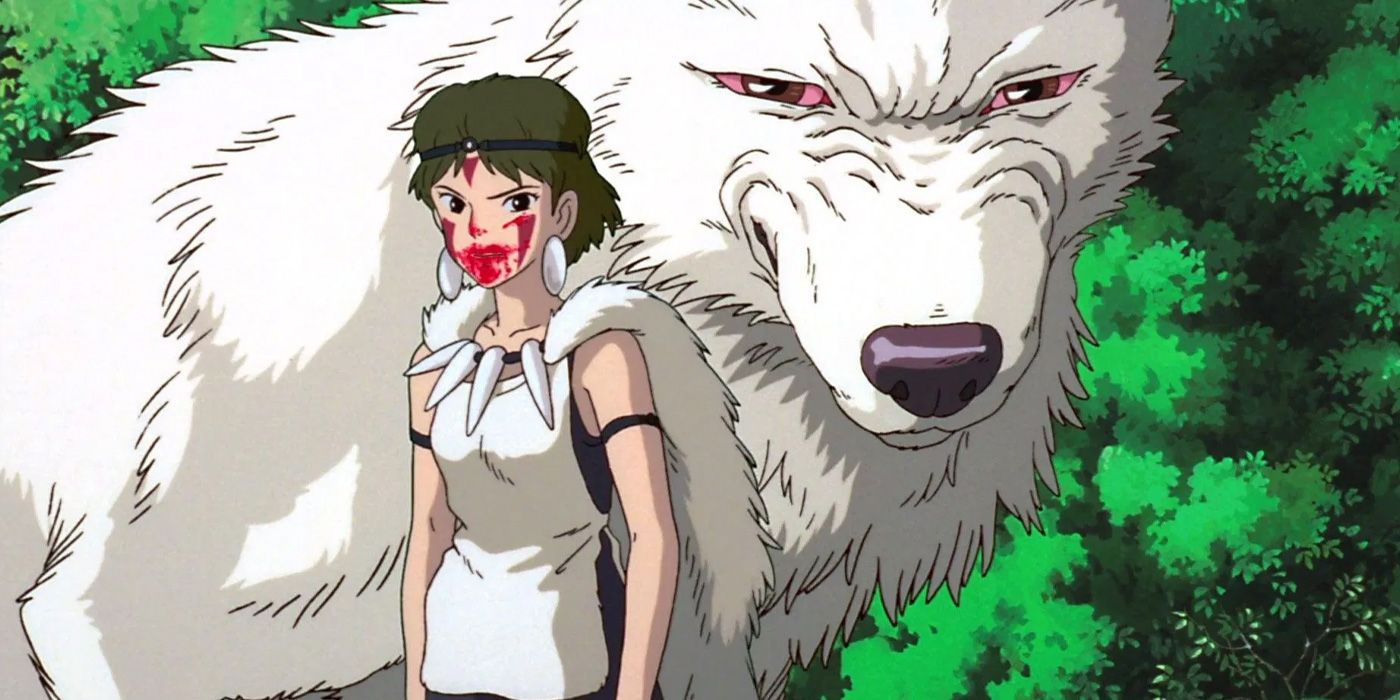 A young girl has blood on her mouth while a large white wolf stands behind her