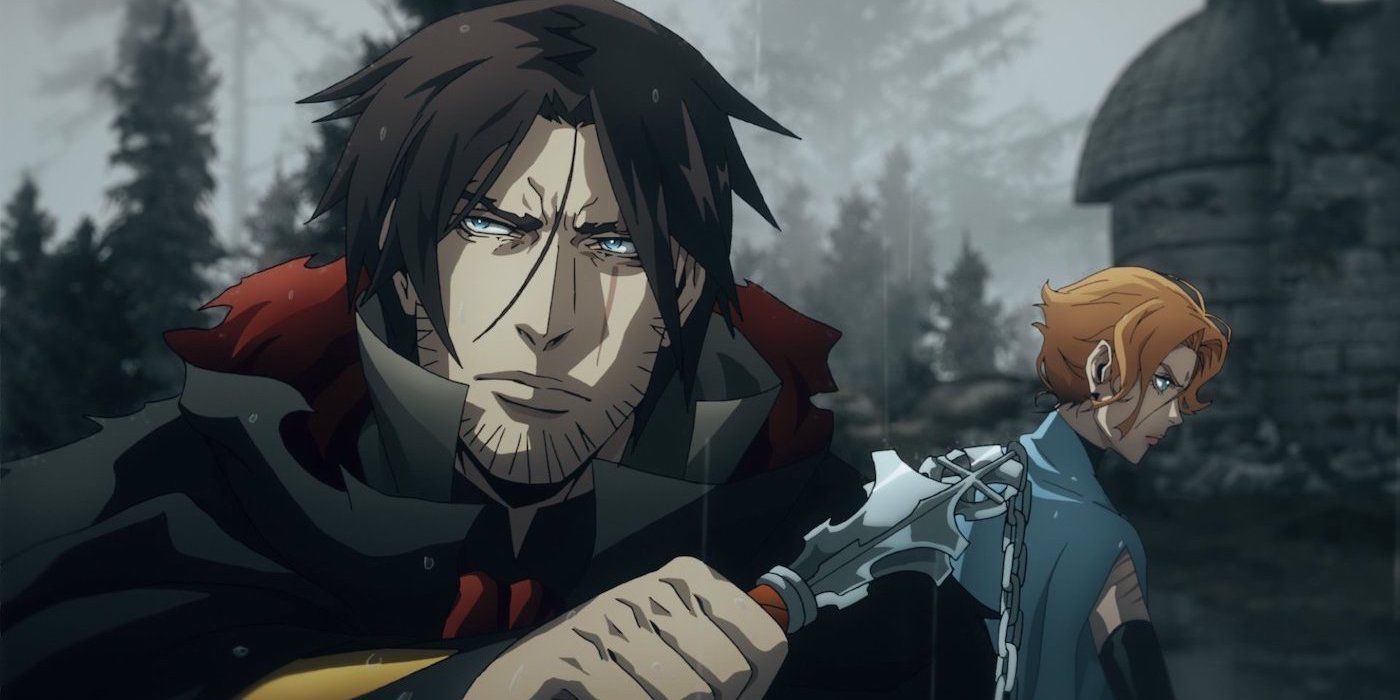 Trevor Belmont holding the Morningstar Whip while Sypha stands behind him in Castlevania