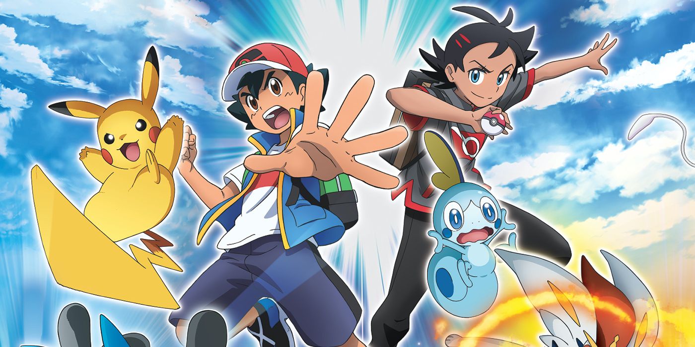 The characters from Pokémon Journeys do action poses in front of a blue sky.