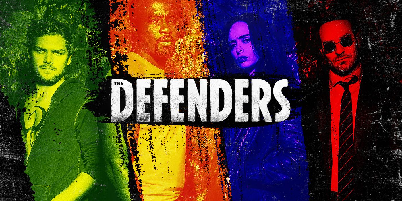 cover art for The Defenders featuring Iron Fist, Luke Cage, Jessica Jones and Matt Murdock highlighted in the respective associated colors