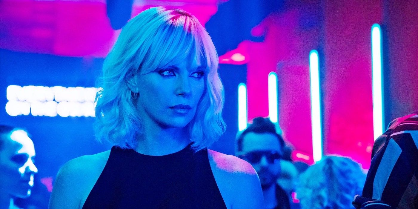 Charlize Theron as Lorraine Broughton in a neon-colored club in Atomic Blonde