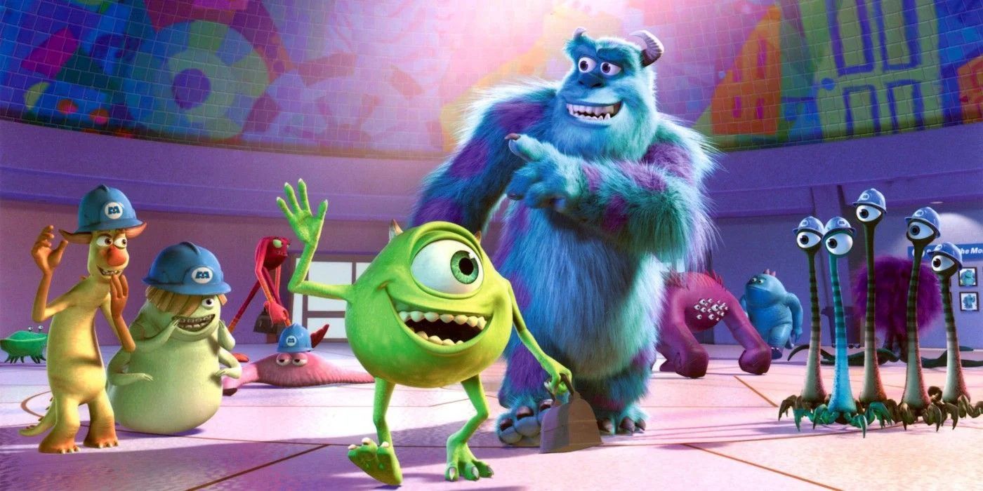 Mike (Billy Crystal) and Sully (John Goodman) greet their coworkers in 'Monsters Inc.'