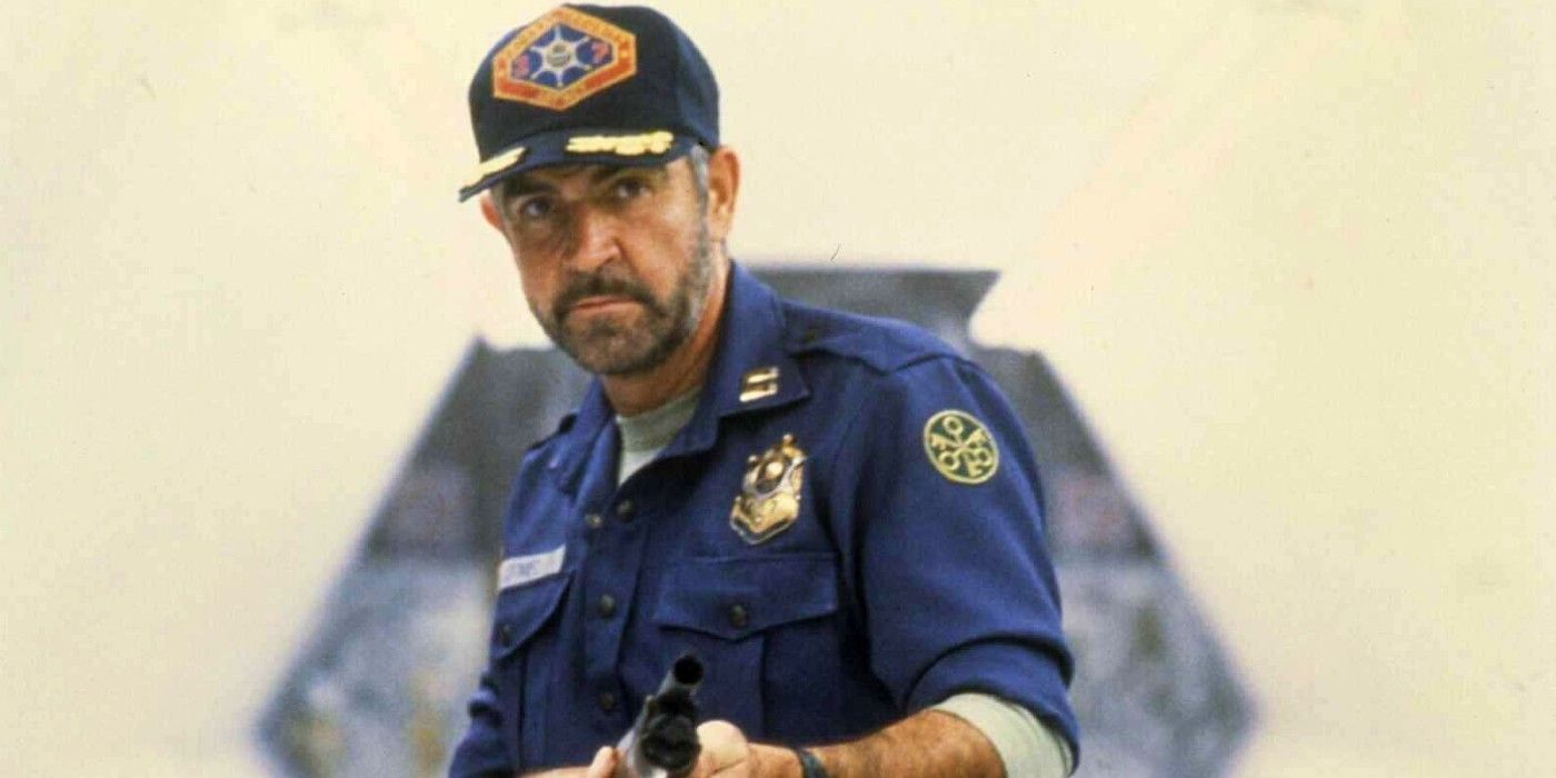 Sean Connery aiming a rifle at someone in Outland