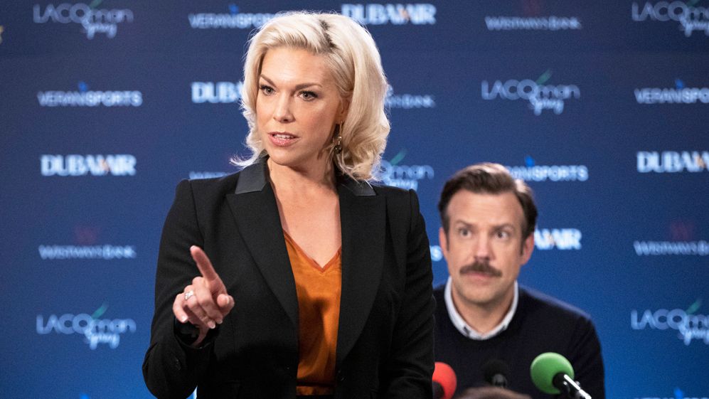 Hannah Waddingham and Jason Sudeikis in Ted Lasso