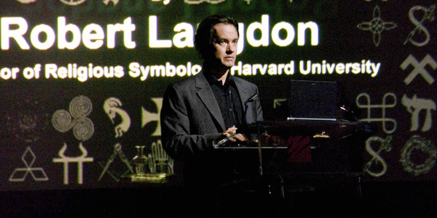 Tom Hanks as Robert Langdon giving a speech in The Da Vinci Code