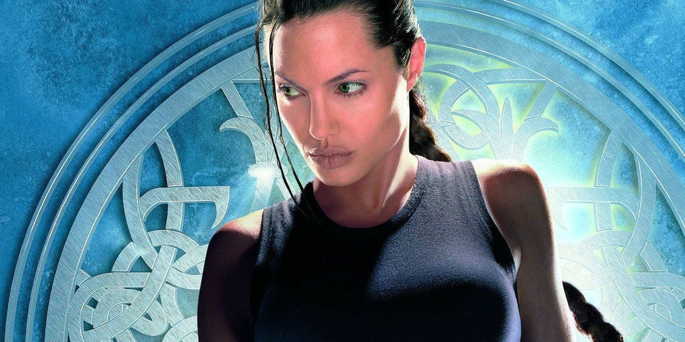 Angelina Jolie looking to the side in a poster for Lara Croft: Tomb Raider